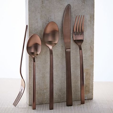 Rose Gold Flatware #westelm Bronze Cutlery, Spoon Photography, Rose Gold Silverware, Copper Cutlery, Cook Wear, Rose Gold Cutlery, Rose Gold Flatware, Copper Flatware, Gold Cutlery Set