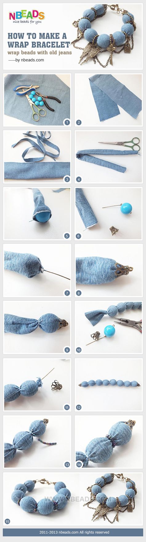 How to Make A Wrap Bracelet - Wrap Beads with Old Jeans – Nbeads Diy Bracelets For Him, Artisanats Denim, Denim Bracelet, Jewerly Bracelets, Diy Collier, Denim Jewelry, Pola Sulam, Fabric Necklace, Denim Crafts