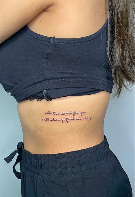 Quote Tattoos For Women Rib, Rib Saying Tattoos For Women, Leg Quote Tattoos Women, Word Rib Tattoos For Women, Shoulder Word Tattoos For Women, Ribcage Tattoos For Women Quotes, Quote Tattoos For Women Placement, Rib Quote Tattoos For Women, Rib Script Tattoo