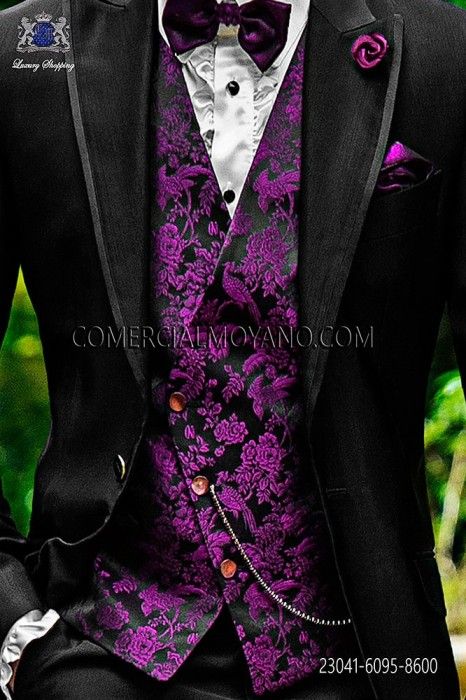 Black-purple groom asymmetric waistcoat in silk jacquard fabric Male Attire, Purple Suits, Goth Wedding, Dress Suits For Men, Dark Wedding, Designer Suits For Men, Classy Men, Prom Suits, Fashion Suits For Men