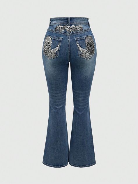 Women's Skull & Wing Embroidered Fashion Bell Bottom Jeans Baby Blue Casual   Denim Animal,Graphic,Textured Pattern Flare Leg High Stretch  Women Clothing, size features are:Bust: ,Length: ,Sleeve Length: Mexican Pants, Cute Flared Jeans, Vaquera Outfit Mexican, Bell Bottom Jeans Outfit, Vaquera Outfit, Embroidered Fashion, Bootleg Jeans, Flair Jeans, Bottom Jeans