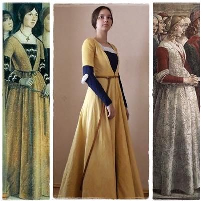 15th century yellow hand-dyed cioppa and blue gamurra. Reconstructing History Patterns, Middle Ages Clothing Woman, Gamurra Gown, Italian Gamurra, Yellow Medieval Dress, 15th Century Dress, 1400s Fashion, 15th Century Fashion, 15th Century Clothing