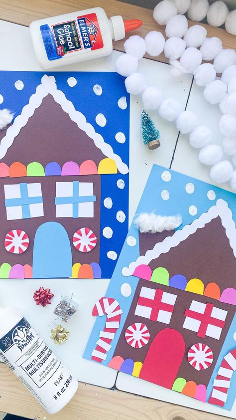 Construction Paper Gingerbread House, Gingerbread House Art Preschool, Gingerbread House Shapes, Gingerbread House Craft Kindergarten, Paper Gingerbread House Craft, Classroom Christmas Crafts For Kids, Gingerbread House Paper Craft, Gingerbread House Art Projects For Kids, Book And Craft Activities