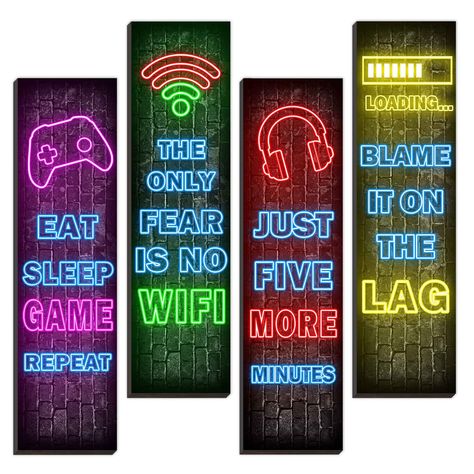 PRICES MAY VARY. Proper Decor Size: 3.2 x 12 inches and thickness is approx 0.2 inches, which is sufficient to satisfy your daily application and replacement., and the suitable size is nice for hanging on the wall or door to add more fun and light bedroom Neon Gaming Themed Styles: the boy wall decor is decorated with various game themed text and patterns, which is very suitable for game lovers, full of cool and stylish feeling, it can also be adopted as a decoration for game themed parties, whi Boys Bedroom Posters, Gaming Themed Bedroom, Boys Wall Decor, Gamer Bedroom, Bedroom Neon, Gaming Art, Teenager Gifts, Themed Bedroom, Gamer Room