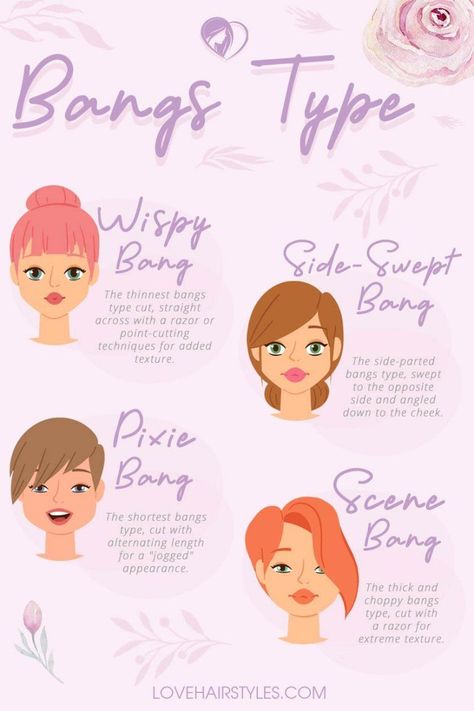 22 Nice and Flattering Hairstyles With Bangs | LoveHairStyles.com Types Of Bangs For Short Hair, Types Of Bangs Fringes Face Shapes, Type Of Bangs, Yoga Hairstyle, Short Sassy Haircuts, Character Clothes, Sassy Haircuts, Flattering Hairstyles, Curly Hair Photos