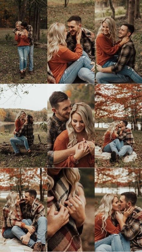 Photography Couples Ideas, Fall Outdoor Couple Photoshoot, Cute Fall Engagement Pictures, Christmas Engagement Photos Outfit, Engagement Picture Nails Fall, Couple Poses Fall Photos, Fall Couples Pictures Outfits, Engagment Picture Outfits Fall, Fall Pictures For Couples Outfits Country