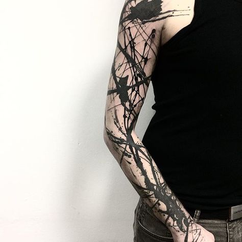 Splatter Tattoo Black, Black Splatter Tattoo, Spilled Ink Tattoo, Brush Tattoo Ideas, Arm Scar Tattoo Coverup, Ink Splatter Tattoo, Blackwork Tattoo Men, Messy Tattoo, Black Abstract Tattoo