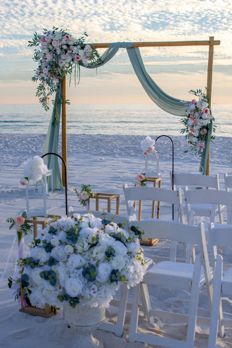 Beach Wedding Aesthetic Ideas, Dream Wedding Reception Beach, Water Fall Wedding Ideas, White And Blue Beach Wedding, Blue Wedding On The Beach, Destin Florida Wedding On The Beach, Beach Arbor Wedding, October Beach Wedding Colors, Small Intimate Beach Wedding Ideas