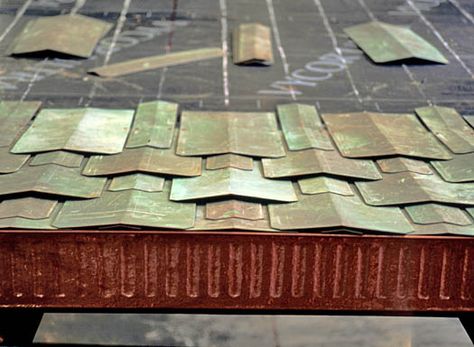 Amazing Copper Roof Detail Tin Can Roof Shingles, Copper Shingles, Aged Copper Roof, Copper Standing Seam Roof, Stone Coated Steel Roof, Copper Roofing, Ramps Architecture, Metal Roof Tiles, Metal Shingles