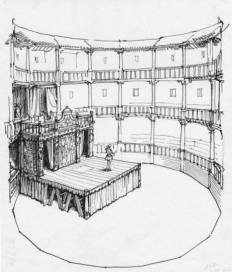 Elizabethan theater. Elizabethan Theatre Stage, Theater Stage Design Drawing, Theater Art Drawing, Theatre Set Design Sketches, Theater Stage Drawing, Theater Sketch, Theater Drawing, Fantasy Theater, Theater Illustration