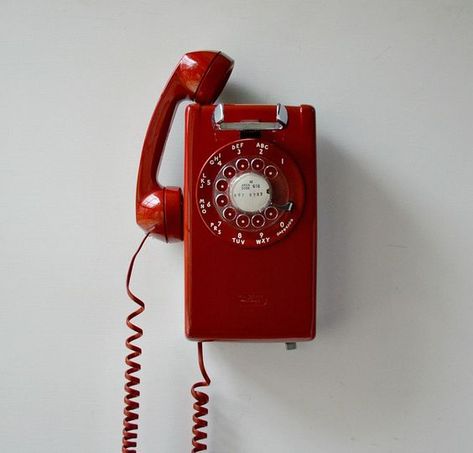 Red wall phone; working rotary dial wall mount telephone | Red ... Phones For Sale, Wall Phone, Rotary Phone, Vintage Phones, Retro Phone, Red Wall, Video Games For Kids, Trik Fotografi, Red Walls