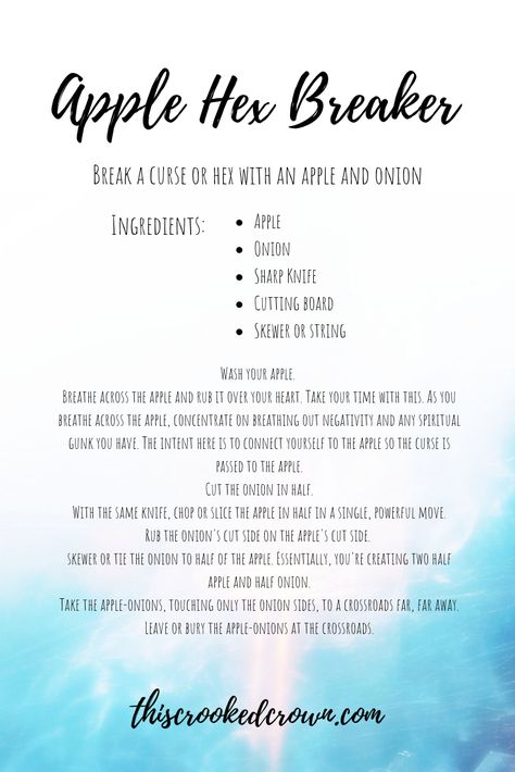 There are thousands of ways to break a curse. But the other day I was thinking about curse breaking with ordinary items. The humble egg is the most common hex breaking tool in your average kitchen. But what about an apple? Apples are great for love and healing spells. They're used in binding spells too. … Continue reading Apple Hex Breaker Break Hex Spell, Hex Breaker Spell, Break A Binding Spell, Breaking A Hex Spell, Spells To Break A Curse, Apple Magic Spells, Break Hexes And Curses, Remove A Hex Or Curse, Match Stick Hex Test