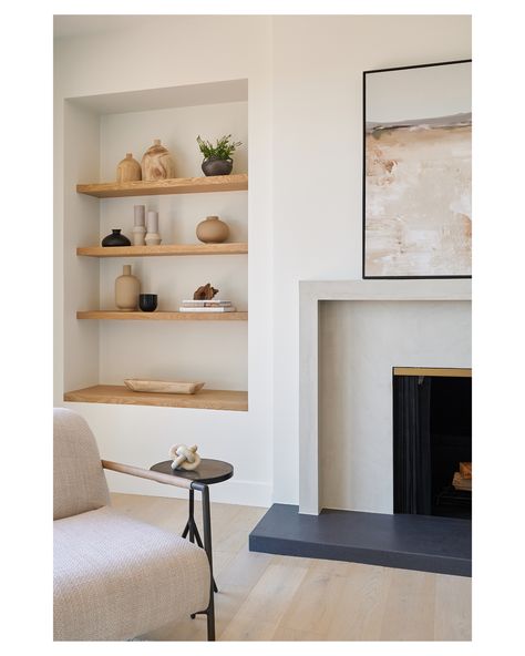 Modern Fireplace With Shelves On Side, Fireplace Recessed Shelves, Light Oak Built Ins, Inset Fireplace With Built Ins, Shelf On Fireplace, Plaster Fireplace With Built Ins, Built In Floating Shelves, Fireplace No Built Ins, Floating Shelves Fireplace Surround