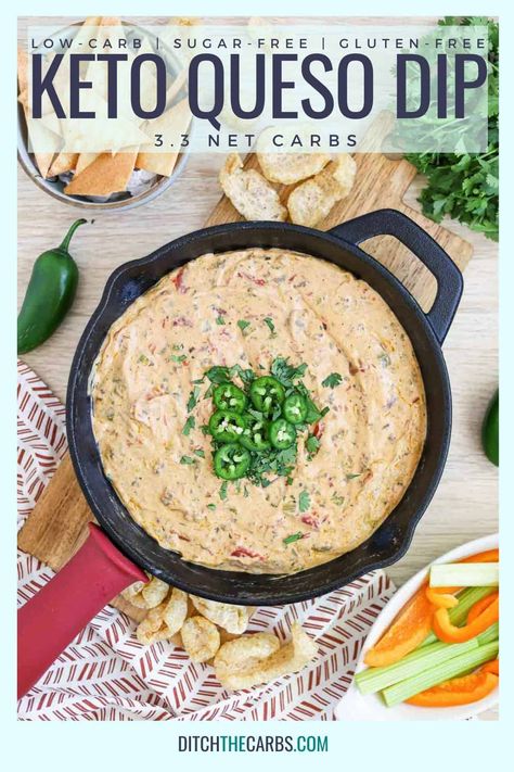 This meaty Keto Queso Dip recipe is perfect for parties or snacking. Serve with keto tortilla chips or pork rinds. #ketoquesodip #keto #ditchthecarbs Keto Pork Rind Dip, Keto Queso Dip, Keto Queso, Keto Tortilla Chips, Keto Lemon Bars, Keto Tortilla, Queso Dip Recipe, Low Carb Soup Recipes, Queso Dip Recipes