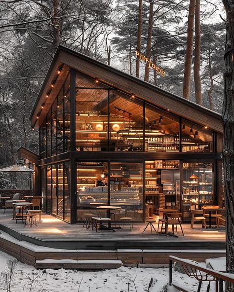 Snowy Haven Café by Maedeh Hemati @mah_design_architecture. 🔗 https://www.amazingarchitecture.com/visualization/snowy-haven-cafe-by-maedeh-hemati Maedeh Hemati: Indulge in the serene charm of this coffee shop, designed in the distinctive style of Philip Johnson architecture. The gray wood and glass facade, captured in a mesmerizing close-up shot, invites you into a world of warmth and elegance. Nestled amidst an outdoor snowy forest, the natural light filters through the glass panels, creat... Philip Johnson Architecture, Rustic Coffee Shop, Forest Cafe, Wood Cafe, Cafe Exterior, Glass Facade, Mountain Coffee, Philip Johnson, Light Filters