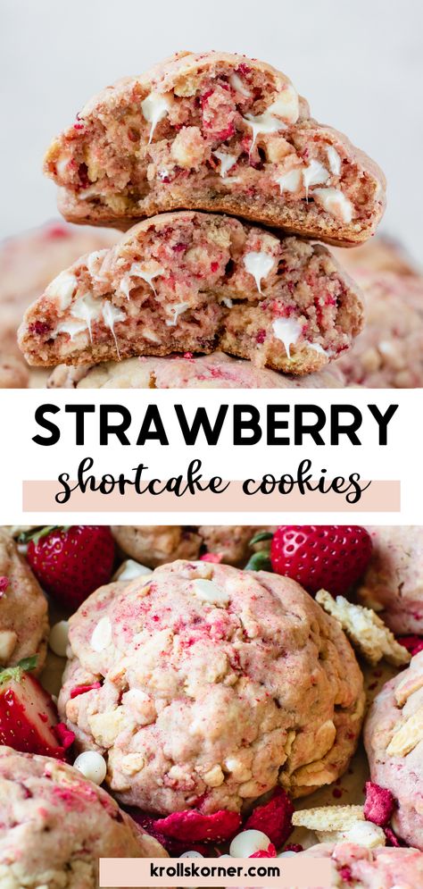 cookies made with freeze dried strawberries and white chocolate chips Shortcake Cookies, Cookies With White Chocolate Chips, Cookies With White Chocolate, Strawberry Shortcake Cookies, Strawberry Cookies, Strawberry Flavor, Gourmet Cookies, Freeze Dried Strawberries, Cookie Flavors