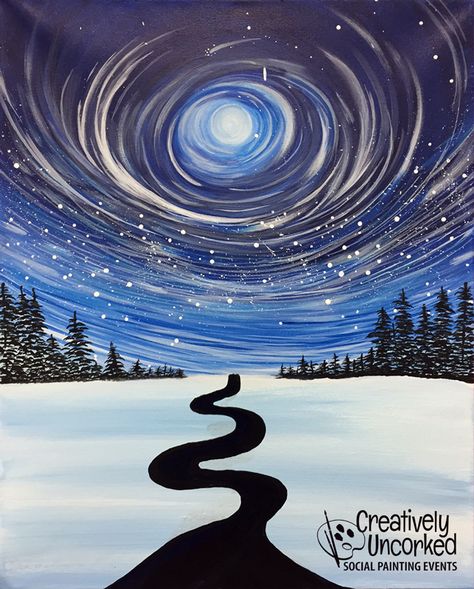 Winter Solstice 12/15/2018 | Creatively Uncorked Indigenous Winter Solstice, Winter Solstice Art, Solstice Art, Banner Inspiration, Solstice Party, Aboriginal Education, Diy Christmas Lights, Painting Parties, Acrylic Ideas