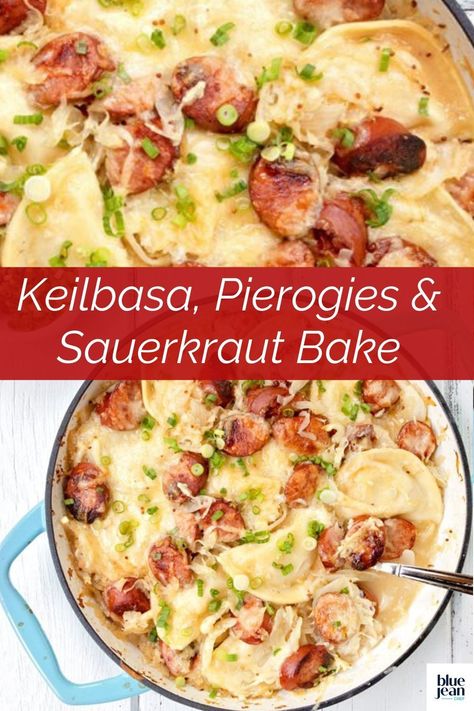 Sauerkraut And Pierogies, Reuben Perogie, Keilbasa Recipes Sauerkraut, Pierogi And Sauerkraut, Perogies And Sauerkraut, Perogies Kielbasa Recipe, Polish Sausage Sauerkraut Recipes, Sauerkraut And Perogies, Pierogi Casserole Taste Of Home