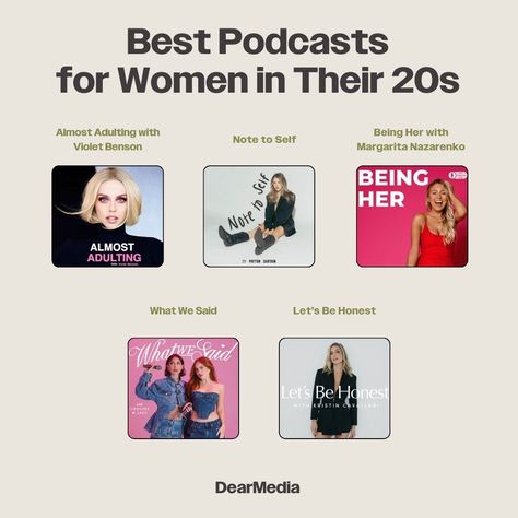 Ladies in your 20s, this one's for you! Discover the 10 must-listen podcasts that bring wisdom, humor, and insights to your adventurous journey. Get ready for a dose of self-help and lifestyle advice. #PodcastLove #20sAdventure #WomenEmpowerment Podcasts For Women In Their 20s, Podcasts To Listen To, Best Podcasts For Women, Podcast To Listen, Podcast Recommendations, Dear Media, Podcasts For Women, Lifestyle Advice, Women In Their 20s