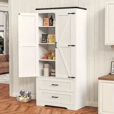 External Pantry, Cabinet With Barn Doors, Diy Pantry Cabinet, Stand Alone Pantry, Farmhouse Pantry Cabinets, Tall Kitchen Pantry Cabinet, Pantry Cabinet Ideas, Pantry Cabinet Free Standing, Small Kitchen Pantry