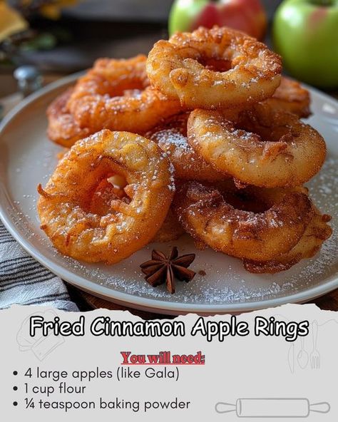 Kristi W Cates Fried Apple Rings, Cinnamon Apple Rings, Ring Recipes, Fried Apple, Sushi Roll Recipes, Meat Lovers Pizza, Apple Rings, Cinnamon Apple, Old Fashioned Recipes