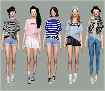 My Sims 4 Blog: Shorts, T-Shirts and Cardigans for Females by Marigold Sims 4 Baggy Shirt, Hair The Sims 4, Sims 4 Black Hair, The Sims 4 Pc, Baggy Tee, Baggy Shirt, Flare Blouse, Sims 4 Cc Skin, Sims 4 Teen