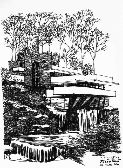 Falling water house sketch Falling Water Sketch, Falling Water Architecture, Fallingwater House, House Design Drawing, Falling Water House, Water Architecture, Falling Water, Famous Architecture, Water House