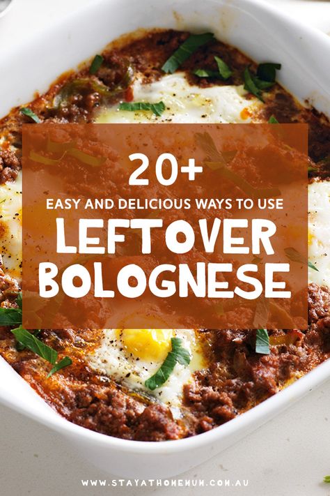 There is so much you can do with your bolognese sauce to stretch it into 2 meals - or more! Leftover Spaghetti Bolognese Ideas, Recipes With Bolognese Sauce, Ways To Use Leftover Spaghetti Sauce, What To Do With Leftover Meat Sauce, Leftover Bolognese Ideas, Leftover Meat Sauce Recipes, Meat Sauce Leftovers Ideas, Spaghetti Sauce Leftovers Ideas, Leftover Pasta Sauce Recipes