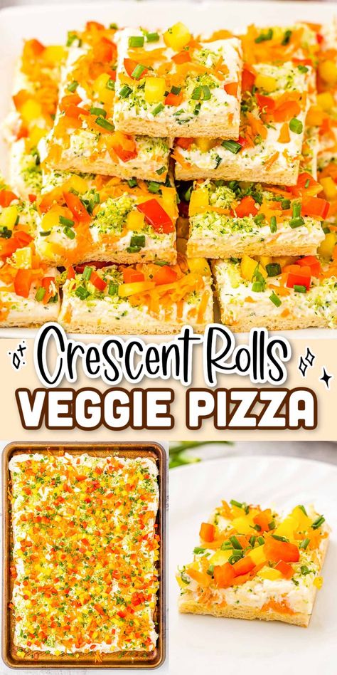 Crescent Roll Veggie Pizza has step-by-step instructions to make a chilled pizza appetizer that has a creamy ranch topping and fresh veggies! Takes only 30 minutes to prep! Veggie Pizza With Cream Cheese And Mayo, Pampered Chef Veggie Pizza Recipe, Halloween Veggie Pizza, Vegetable Pizza Crescent Roll, Veggie Pizza Crescent, Veggie Pizza With Cream Cheese, Crescent Veggie Pizza, Vegetable Pizza Recipe, Veggie Pizza Appetizer