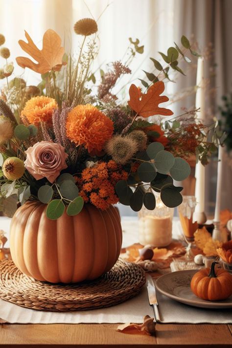 Fall in love with this stunning ceramic pumpkin vase filled with dried flowers and an autumn flower arrangement. The warm colors of the vase, flowers, and hazelnuts will create a cosy and inviting atmosphere in your home. The candles add a touch of elegance and romance, making this the perfect centerpiece for your Thanksgiving or Halloween table. Fall Bowl Centerpiece, Autumn Flower Centerpieces, Thanksgiving Flower Arrangement, Pumpkin Vase With Flowers, Fall Pumpkin Floral Arrangements, Pumpkin Dried Flowers, Thanksgiving Centerpieces Flowers, Thanksgiving Floral Centerpieces, Pumpkin Vase Centerpiece