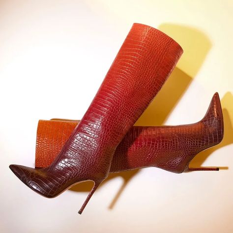 Ombre Color Crocodile Embossed Below The Knee High Heel Boots Stiletto Heel Boots, Knee High Heel Boots, Red Gradient, Knee High Heels, High Heel Boots Knee, Womens Stilettos, Ombre Color, Red Heels, Mode Inspo