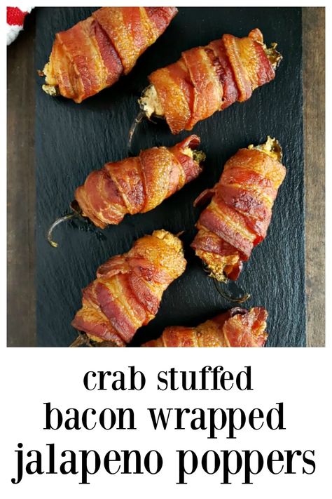 Wrapped Jalapeno Poppers, Bacon Wrapped Jalapeno Poppers, Jalapeno Popper Recipes, Bacon Wrapped Jalapenos, Pepper Recipes, Crab Stuffed, Poppers Recipe, Bacon In The Oven, Jalapeno Recipes