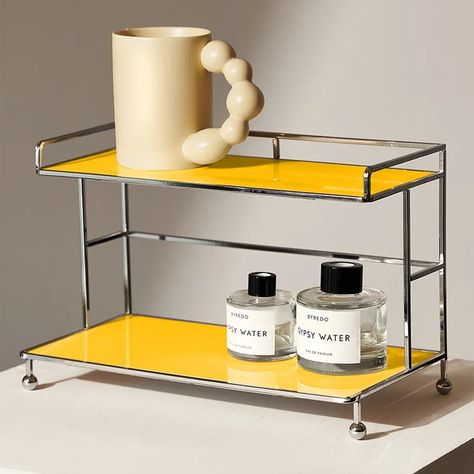 Modern 2-Tier Acrylic Storage Shelf Yellow Storage Rack with Open Storage Kitchen Mini Bar, Mini Shelves, Shelf Units, Fragrance Storage, Acrylic Shelf, Decor Studio, Acrylic Storage, Room Makeover Inspiration, Dining Room Kitchen