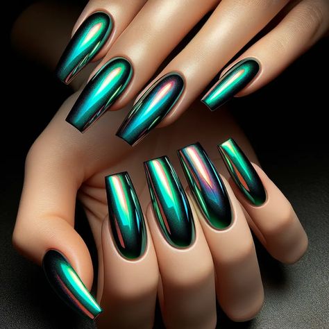 13 Jaw-Dropping Green Acrylic Nail Designs - NeedleStar Purple Green Chrome Nails, Dark Hunter Green Nails, Army Green Chrome Nails, Emerald Green Dip Powder Nails, Dark Green Nails Chrome, Green Gold Nails Ideas, Emerald Chrome Nails, Green Chrome French Tip Nails, Dark Green Chrome Nails