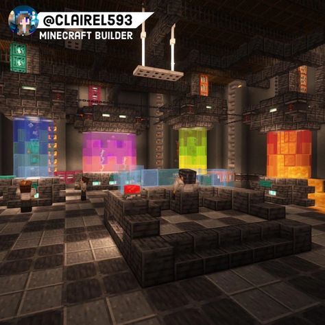 Minecraft Vault Ideas, Minecraft Cyberpunk Ideas, Minecraft Lab Ideas, Minecraft Batcave, Minecraft Factory Interior, Minecraft Dungeon Build, Minecraft Nightclub, Cyberpunk Minecraft Builds, Minecraft Dungeon Ideas