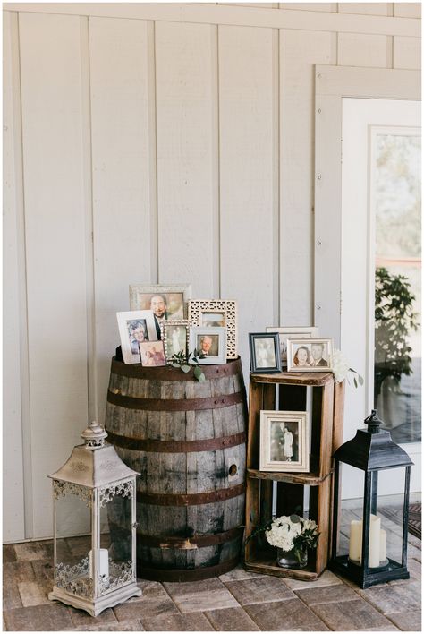 Fill it with florals or your fondest memories, our large vintage crate is an excellent cubby fit for your wildest wedding day dreams. Rustic Wedding Picture Display, Outdoor Wedding Memory Table, Memorial Area Wedding, Rustic Wedding Memorial Ideas, Rustic Wedding Memory Table, Memory Display Wedding, Whiskey Barrel Ideas Wedding, Wedding Whiskey Barrel Decor, Barrel Decor Ideas Wedding