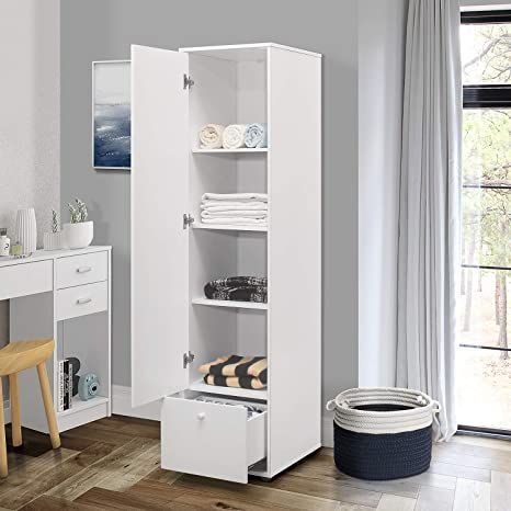 Kings Brand Furniture - Corry Wardrobe Armoire Closet, Tall Storage Cabinet, White Single Cupboard Design, Storage Closet Shelving, Single Door Wardrobe, Simple Furniture Design, Armoire Closet, Wooden Wardrobe Design, Single Wardrobe, Single Door Design, Wardrobe Door Designs