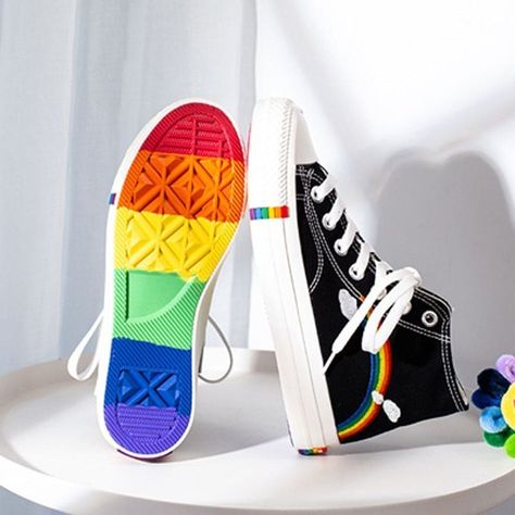 Ladies Hi Top Lace Up Rainbow Canvas Shoes With Rainbow Sole https://pleasuresandsins.com/products/ladies-hi-top-rainbow-canvas-shoes-with-rainbow-sole Pleasures and Sins #Hot Sneakers 2022, Pride Party, Pride Event, Pride Shoes, Rainbow Canvas, Shoe Ideas, Bright Rainbow, Pride Rainbow, Party Outfits