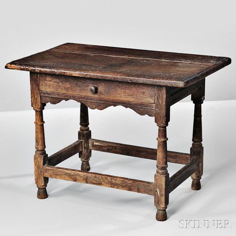 Rare Oak Joined Table with Drawer, Massachusetts, late 17th century, the overhanging rectangular pine top on channel-molded rails, the drawer with turned wooden knob and channel-molded scalloped rail below, the ring-turned columnar legs on blocks continuing to turned feet joined by square stretchers, old surface, (imperfections), ht. 27 1/4, wd. 37, dp. 24 i Primitive Tables, Old Wood Table, Spool Furniture, Magical Room, Colonial Furniture, Colonial America, Art Watch, Wooden Knobs, American Antiques