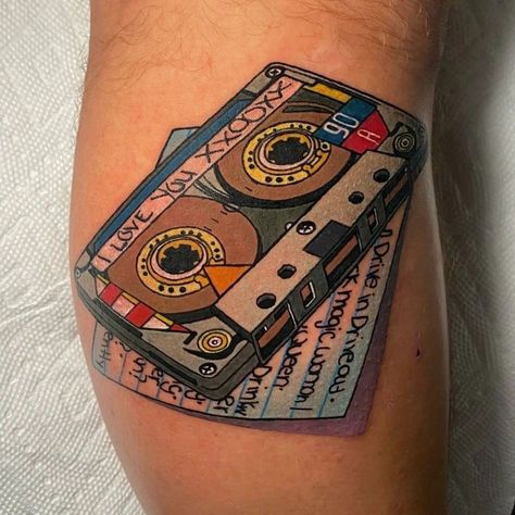 80s Themed Tattoos, Mix Tape Tattoo, Boom Box Tattoo, Cassette Tape Tattoo, Traditional Tattoo Music, 80s Tattoo, Cassette Tattoo, Tape Tattoo, Tattoo Bunt