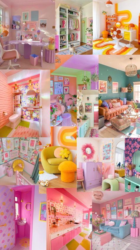 Dreamy Aesthetic Apartment, Color Themed Rooms Aesthetic, Pastel Wall Design Ideas, Color Maximalist Bedroom, Colourful Pastel Living Room, Fun Astethic Room, Colorful Bright Room Aesthetic, Post Modern Vintage, Artistic Room Ideas Bedroom