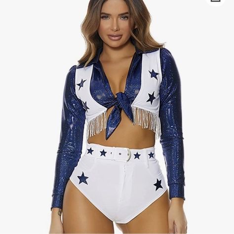 Dallas Cowboys Cheerleader Halloween Costume Dallas Cowboys Cheerleader Costume, Cheerleader Halloween, Cheerleader Halloween Costume, Cheerleader Costume, White Costumes, Trendy Halloween Costumes, Fringe Vest, Dallas Cowboys Cheerleaders, Disfraces Halloween