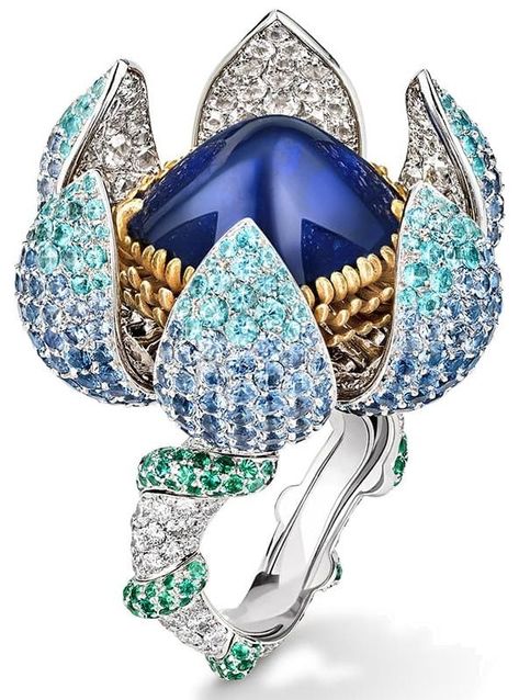 A 13.02 ct sugarloaf sapphire, Paraïba tourmalines, emeralds, and rose-cut diamonds in white and yellow gold; the petals open and close around the sapphire. Anna Hu, Wallace Chan, Katerina Perez, Lotus Ring, Cindy Sherman, High Jewellery, French Jewelry, Harry Winston, Exclusive Jewelry