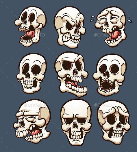 Cartoon skulls with different emotions. Vector clip art illustration with simple gradients. Each on a separate layer. EPS10 and PS Cartoon Skeleton, Cartoon Skull, Skull Stencil, Arte Doodle, Skeleton Drawings, Skull Art Drawing, Cartoon Crazy, Skulls Drawing, Skull Illustration