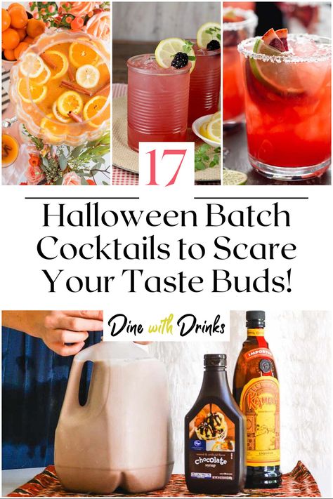 Collage of 4 halloween batch cocktails. Cocktails For Halloween Party, Halloween Party Batch Cocktails, Halloween Party Drinks Big Batch, Halloween Punch Recipes Alcoholic Big Batch, Fun Batch Cocktails, Big Batch Halloween Punch, Halloween Drink For A Crowd, Halloween Drinks Big Batch, Large Batch Cocktails Halloween