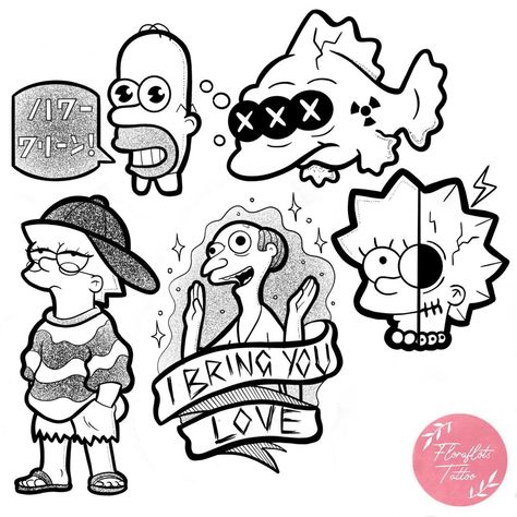 Rebecca 🌿 Tattoo Artist 🌙 on Instagram: “Day 2 of people’s suggestions is Simpsons flash ✌🏻 Still taking suggestions for what I should draw so drop em down below 🙏 All flash…” Horror Simpsons Tattoo, The Office Flash Sheet, Pop Culture Flash Tattoo, Trippy Flash Tattoo, Simpsons Flash Tattoo, Simpsons Tattoo Ideas, Simpson Drawings, Rebecca Tattoo, Flash Day Tattoo