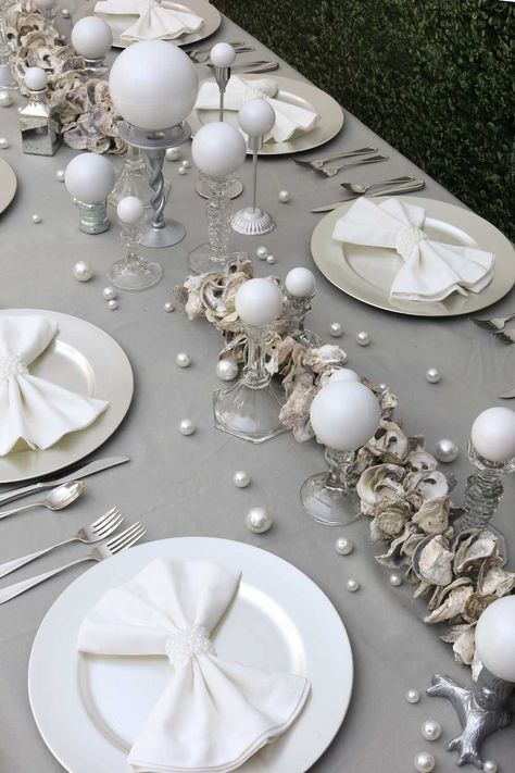 Pearl Vase Filler Ideas, Pearl Theme Party Ideas, Pearl Table Cloth, Pearl And Oyster Theme Party, 30th Anniversary Party Ideas Pearl, Pearls And Prosecco Table Decor, Pearl Theme Decor, Pearl Wedding Shower Ideas, White Birthday Party Aesthetic