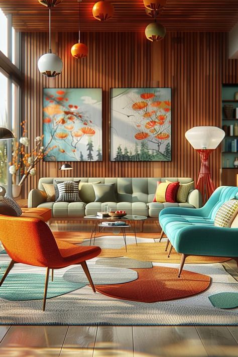 Mid Century Loft Apartment, Mid Century Wall Design, Mid Century Modern Rec Room, 1960s Home Interior, 1950 Living Room, Midcentury Living Rooms, Colorful Modern Interior Design, Retro Modern Furniture, Modern Retro Interior Design