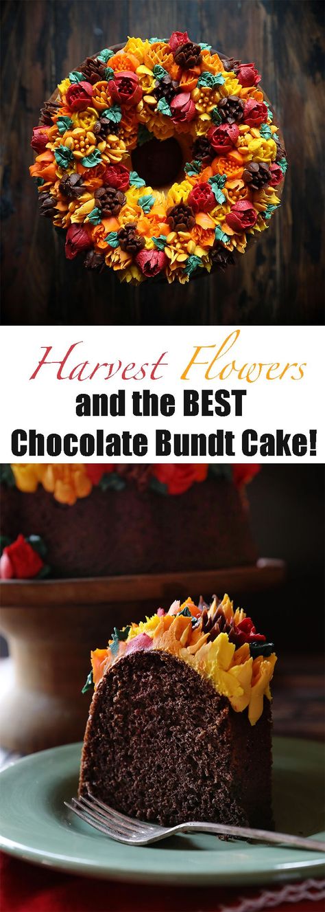 This cake is REALLY easy! All you need is... Fall Harvest Cake Ideas, Harvest Cake Decorating, Bundt Cake Decorating Ideas, Fall Cakes Decorating, Harvest Flowers, Chocolate Bundt, Vegetarian Bake, Hazelnut Cake, Chocolate Bundt Cake