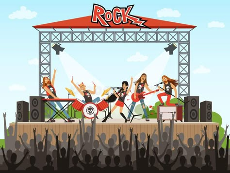 Rock band on stage. People on concert. Music performance. Vector illustration in #Sponsored , #sponsored, #ADVERTISEMENT, #stage, #Rock, #Vector, #People Band On Stage, Watercolor Wallpaper Phone, Music Stage, Concert Crowd, Guitar Illustration, Concert Stage Design, 달력 디자인, Human Logo, Concert Stage